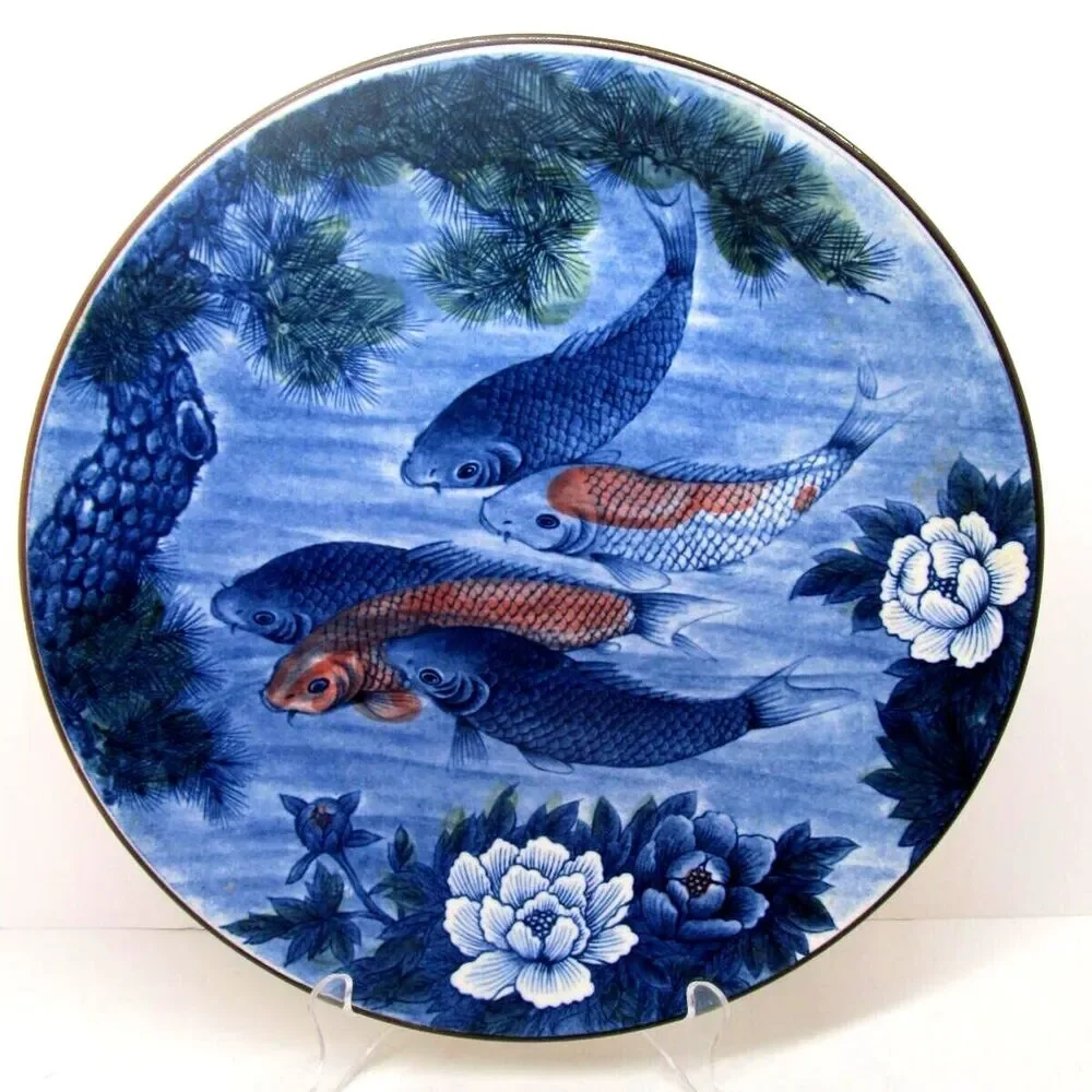 Vintage Japanese Toyo Koi Fish Blue Round Platter 12.5